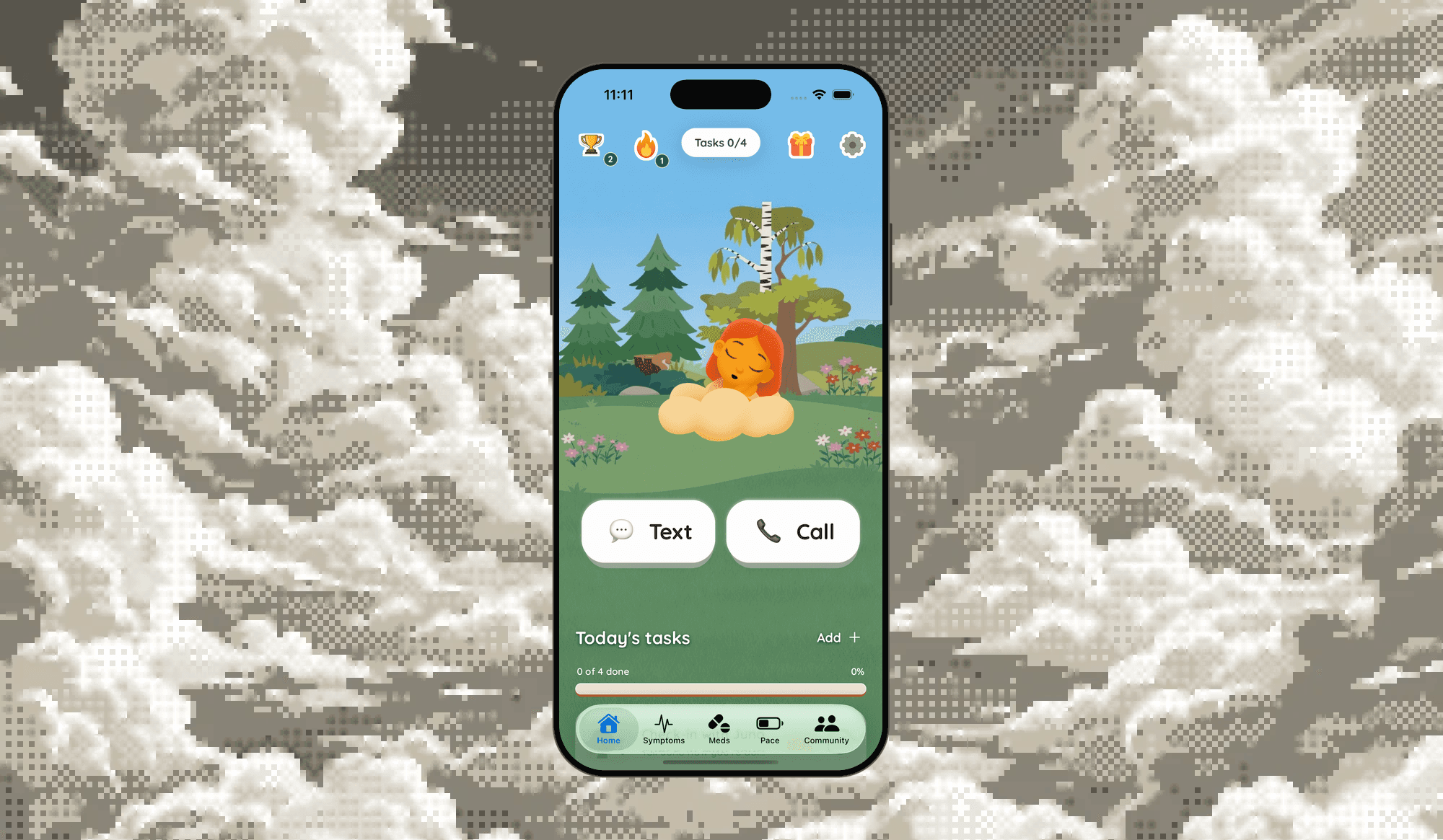 Juno's home screen on an iPhone, on the TesterArmy dithered clouds
