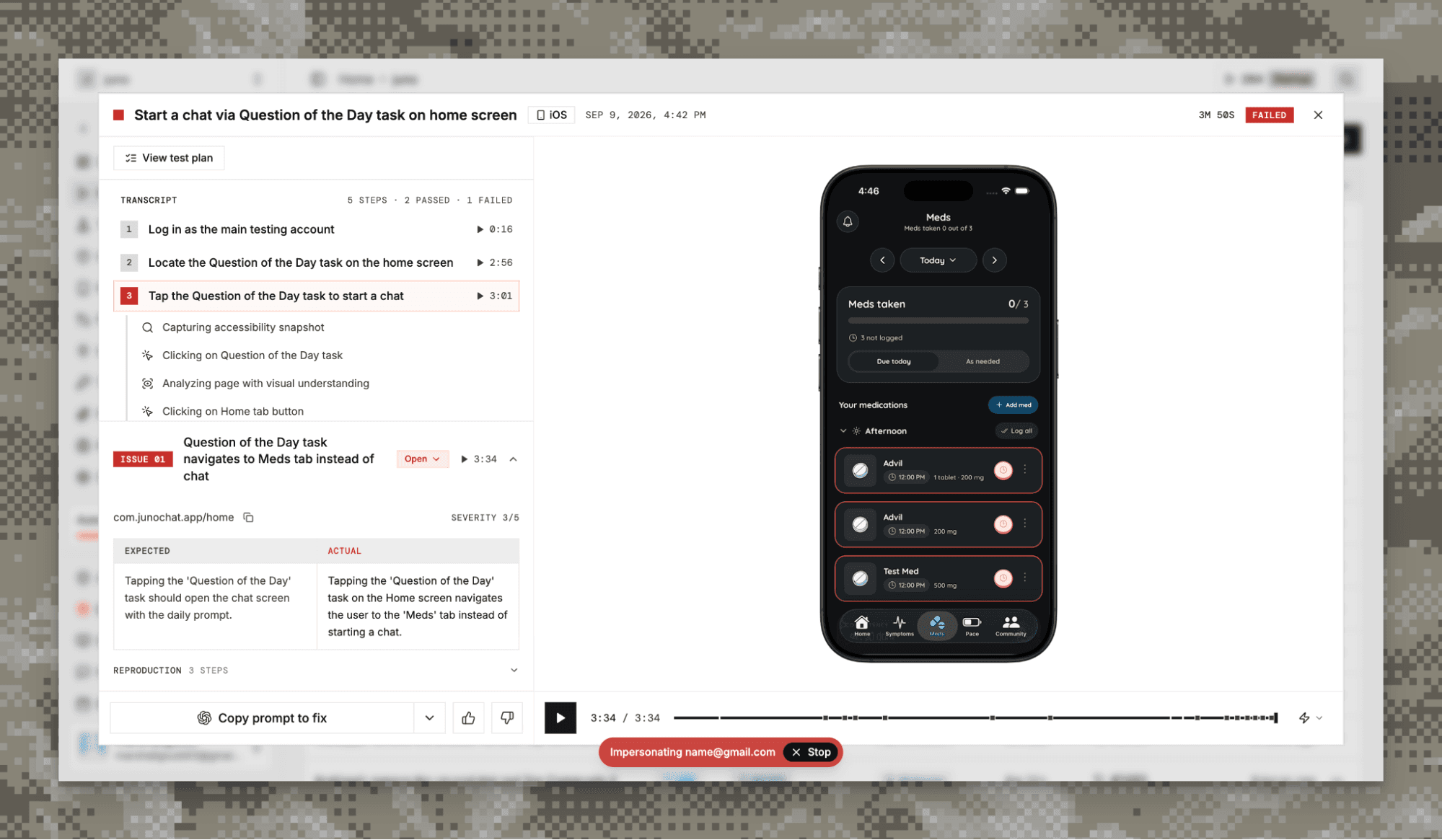 A TesterArmy run on Juno's iOS app with the agent's issue report
