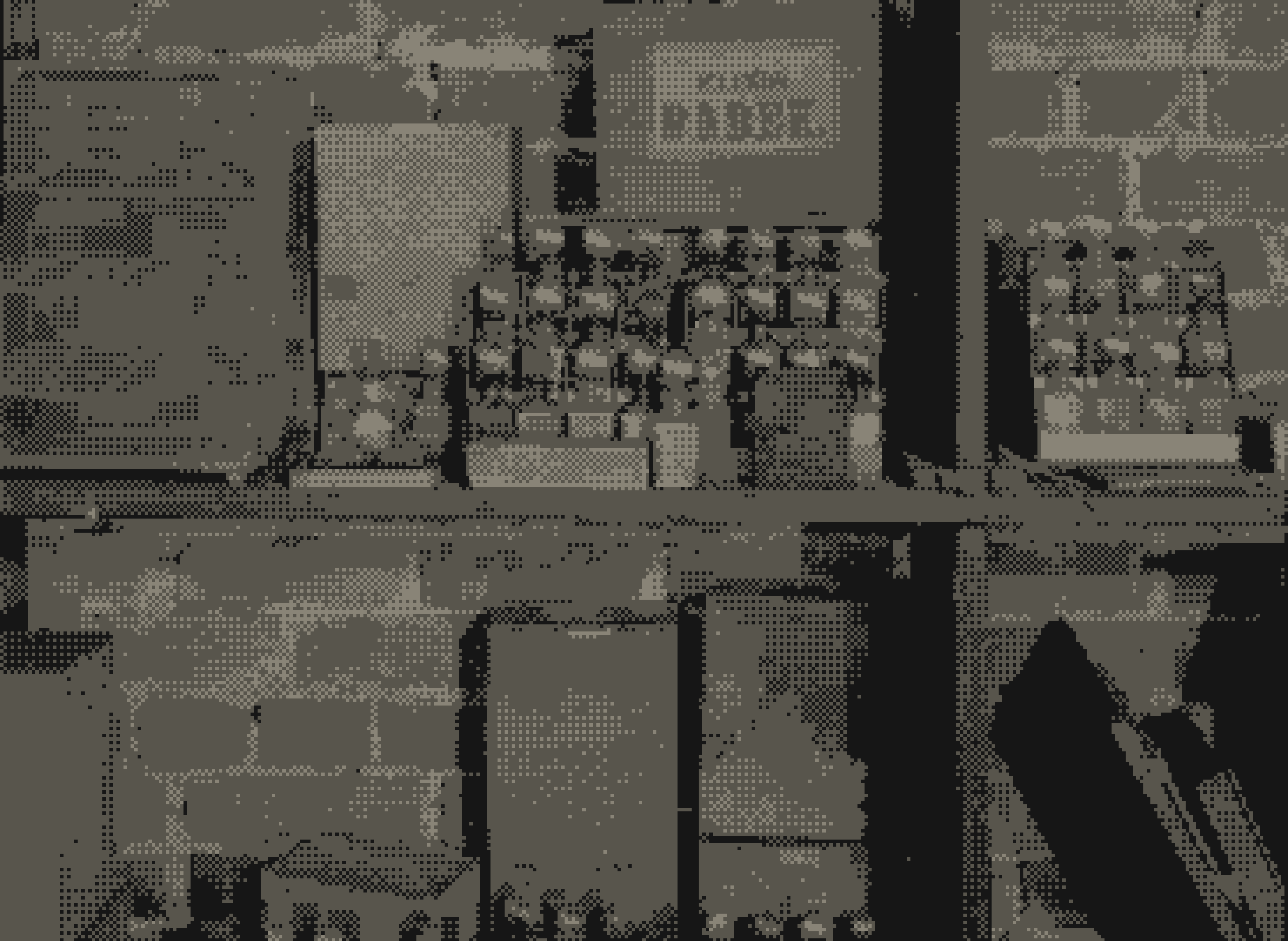 Dithered photo of shelves of small medicine bottles in a historical apothecary