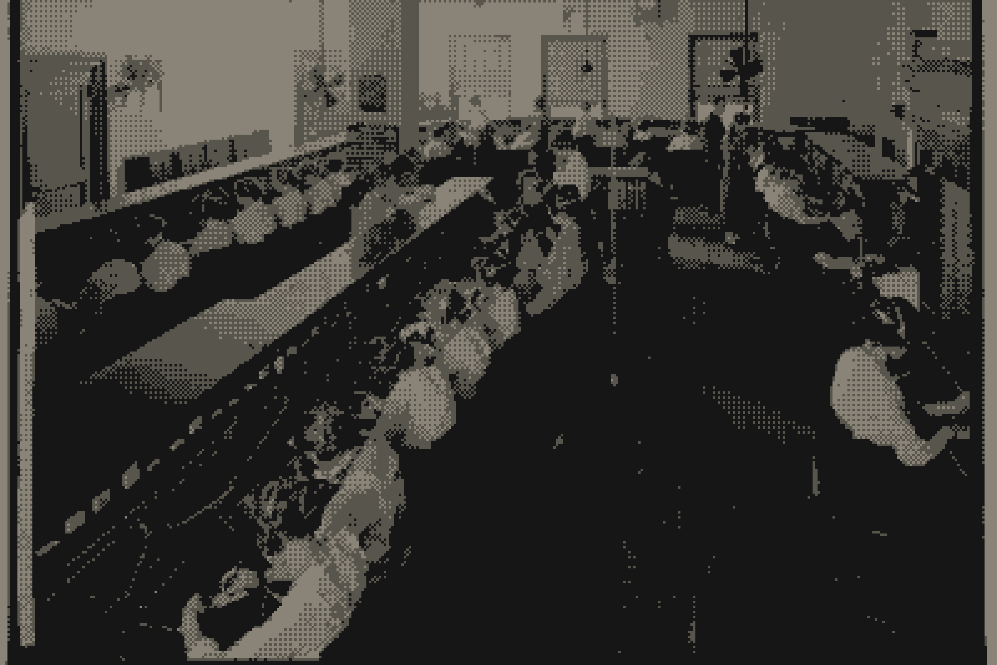 Dithered photo of a historical telephone switchboard exchange