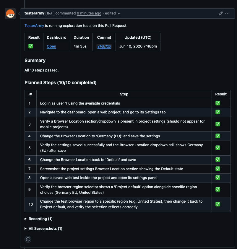 Dynamic agent test plan generated from pull request changes